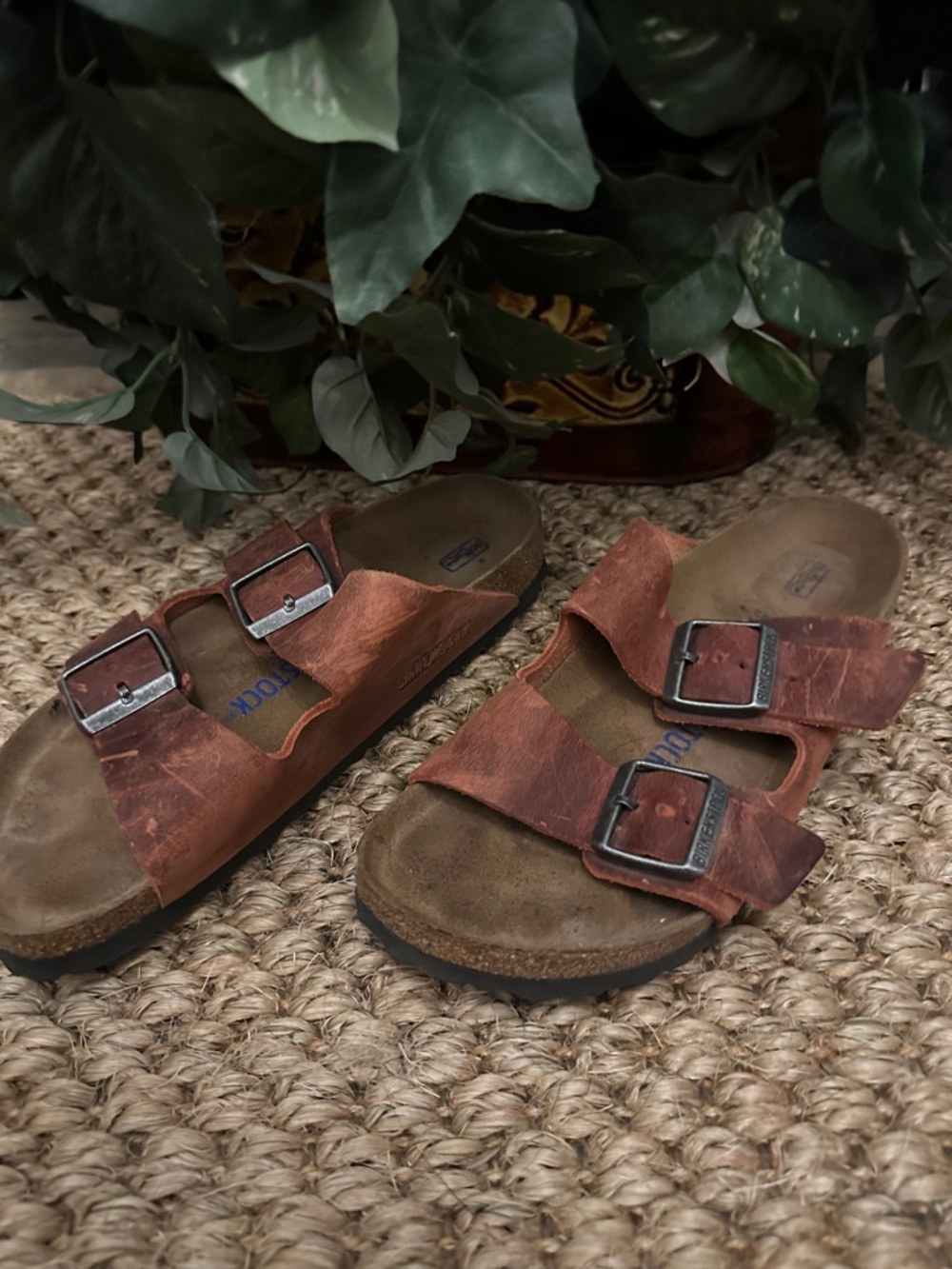 Birkenstock Brown Leather Double-Buckle Slide Sandals - Picture 2 of 12